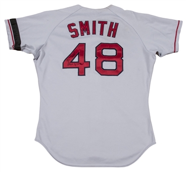1990 Lee Smith Game Used, Signed & Inscribed Boston Red Sox Road Jersey With Tony Conigliaro Memorial Armband (Smith LOA)